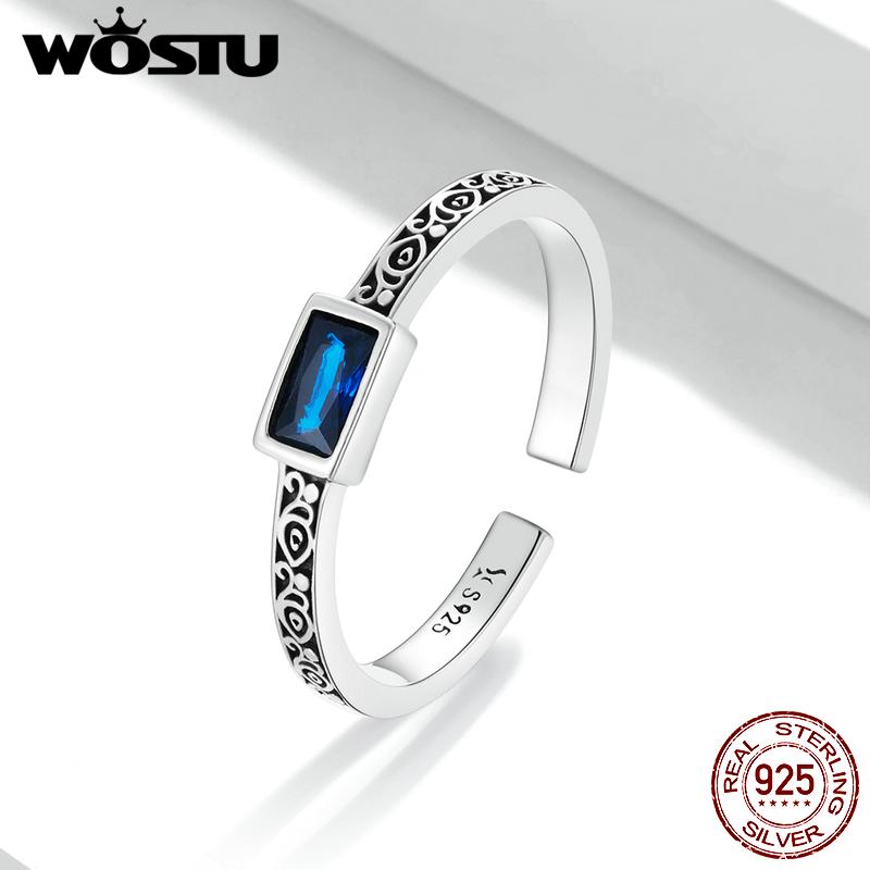 WOSTU 925 Sterling Silver Vintage Pattern & Rectangular Zirconium Ring for Women Adjustable Ring Fashion Jewelry