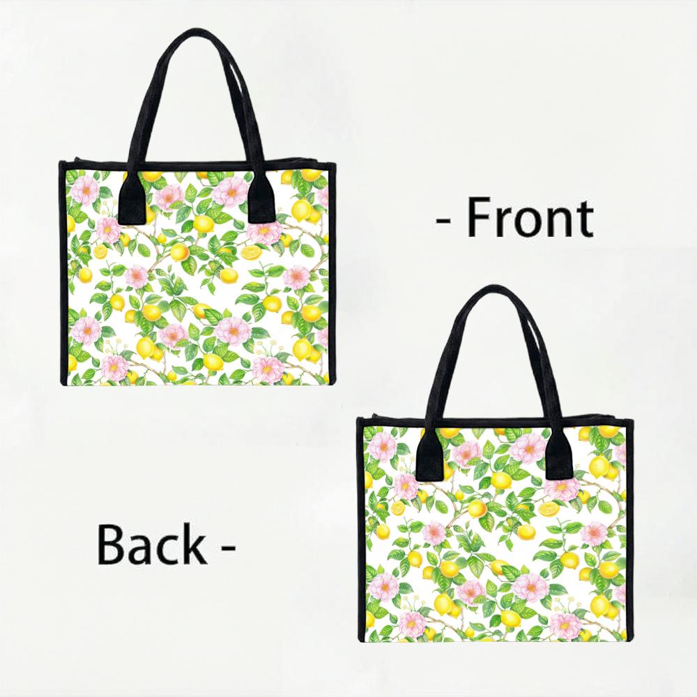 Floral Lemon Print Canvas Tote Bag Daily Use Shopping Handbag for Outdoor