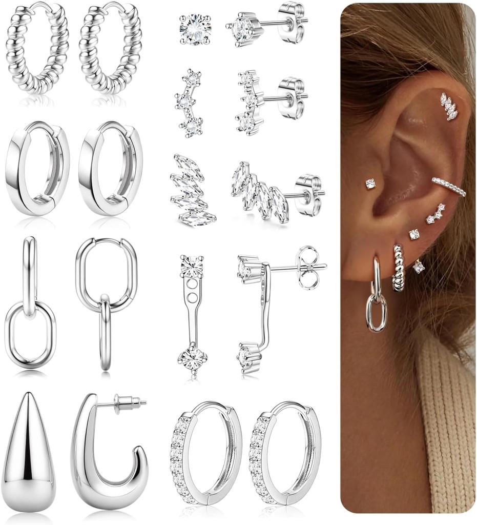 Bobisty  9Pairs 14K Gold Plated Hoop Earring Stacks for Women Stud Hoop Earrings Stainless Steel Cartilage Earring Sets Piercing