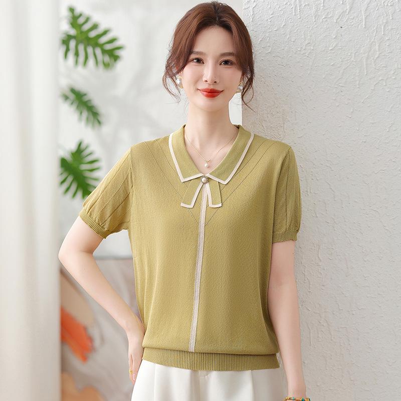 

Summer 2026 Ice Silk Knit Short-Sleeve T-Shirt for Moms - Cool, Lightweight Top for Middle-Aged and Elderly Women L (80-100 jin)