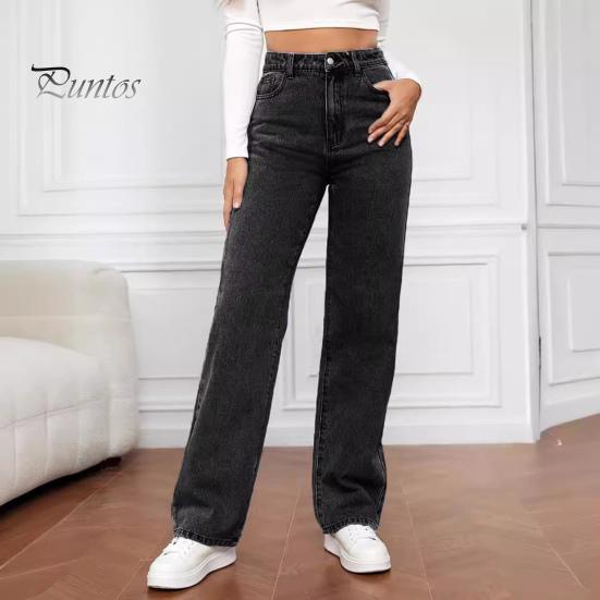 Gerade Schlagjeans für Damen, hohe Taille, Knopfverschluss, Hose mit Reißverschluss, einfarbige Jeanshose mit Taschen für den Alltag, Schulweg