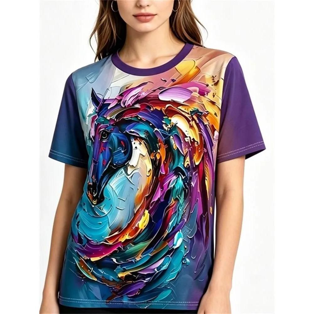 Fashionable Summer Comfortable Round Neck Short Sleeved T-shirt Colorful Animals 3d Printing Casual Loose Breathable Soft Plus Size Women's T-shirt