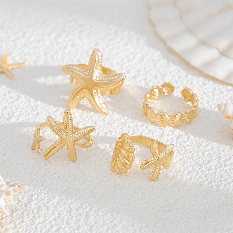 4Pcs/Set Starfish Scallop Adjustable Open Rings For Women Trendy Geometric Gold Color Ring Summer Beach Jewelry Accessory