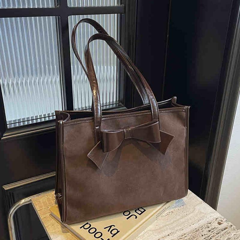 Luxury Red Bridal Tote Bag Retro PU Suede Splicing One Shoulder Bags Autumn Winter Women Sweet Bow Large Capacity Handbags