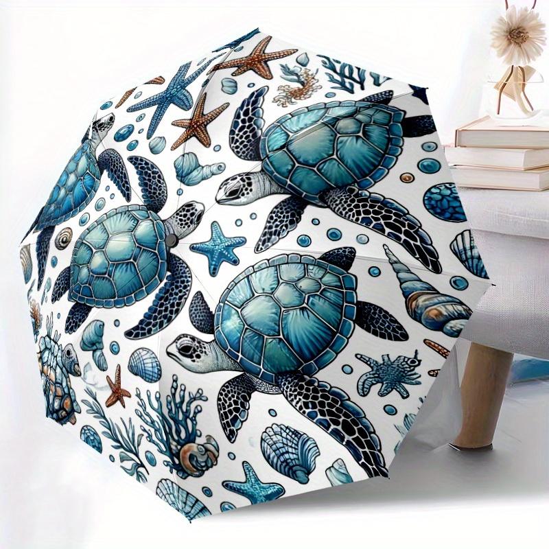 1pc Sea Turtle Print Automatic Open, Sturdy Iron Frame, Compact Folding Design, All-Season Portable Umbrella for Women & Men, Outdoor Umbrel
