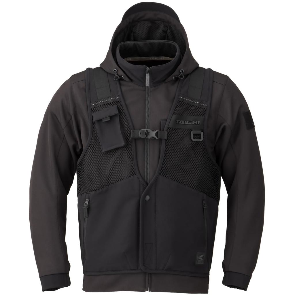 RS TAICHI Motorcycle Wear Riding Jacket Breathable Mesh CE Protector Hood Fixable Overlap Mesh Parka RSJ347 XL Spring/Summer Built-in BLACK/BLACK