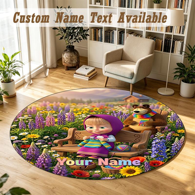 Round Rug Custom NameMasha and the Bear Cartoon Pattern Non Slip Carpet Home Floor Decor