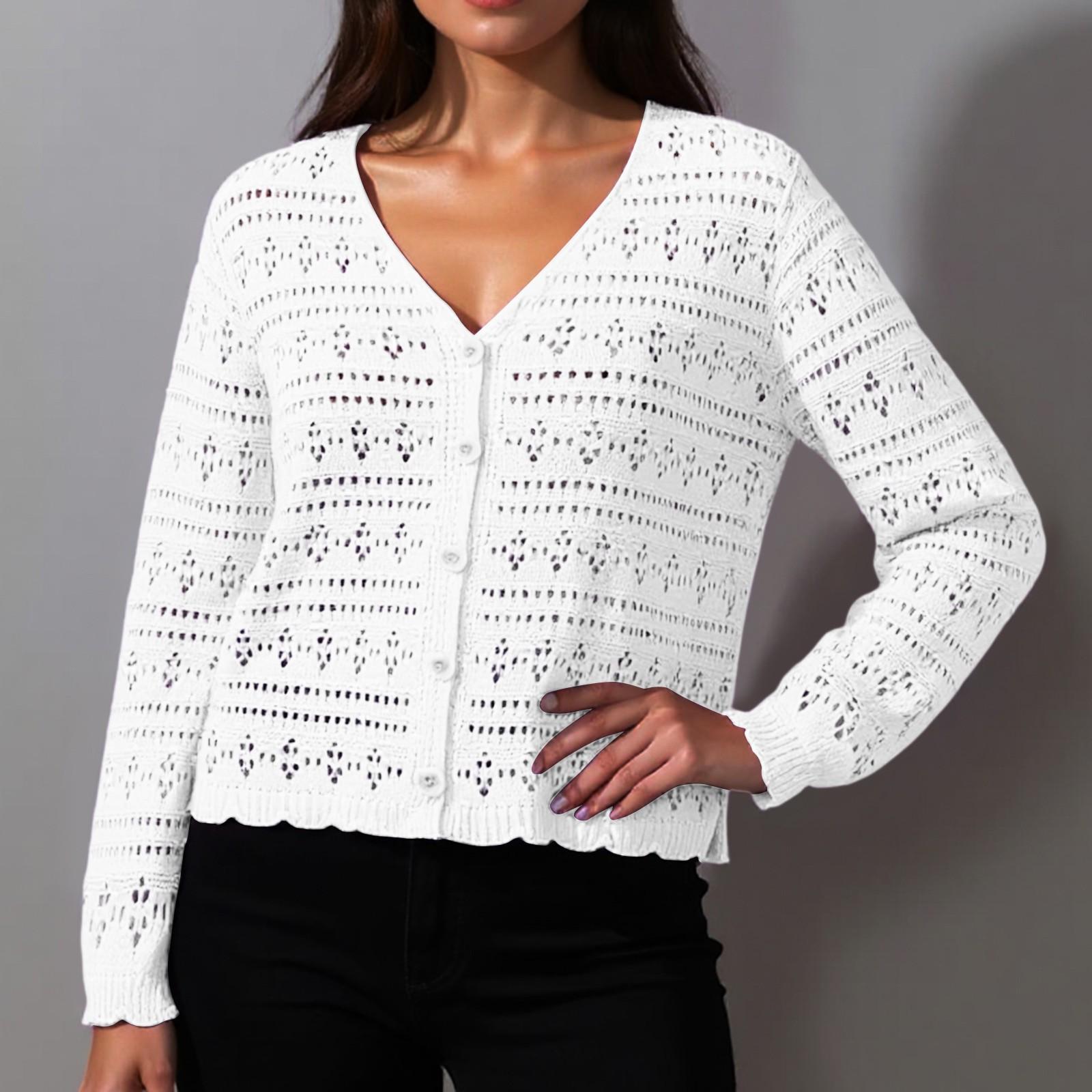

Women s Loose V-neck Hollow Out Versatile Knitted Long Sleeved Cardigan Top One Size белый