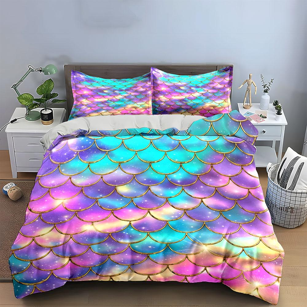 Mermaid Scale Pattern Decoration Set Soft Skin-Friendly Bedding Set Includes 1 Duvet Cover And 2 Pillowcase, Gift