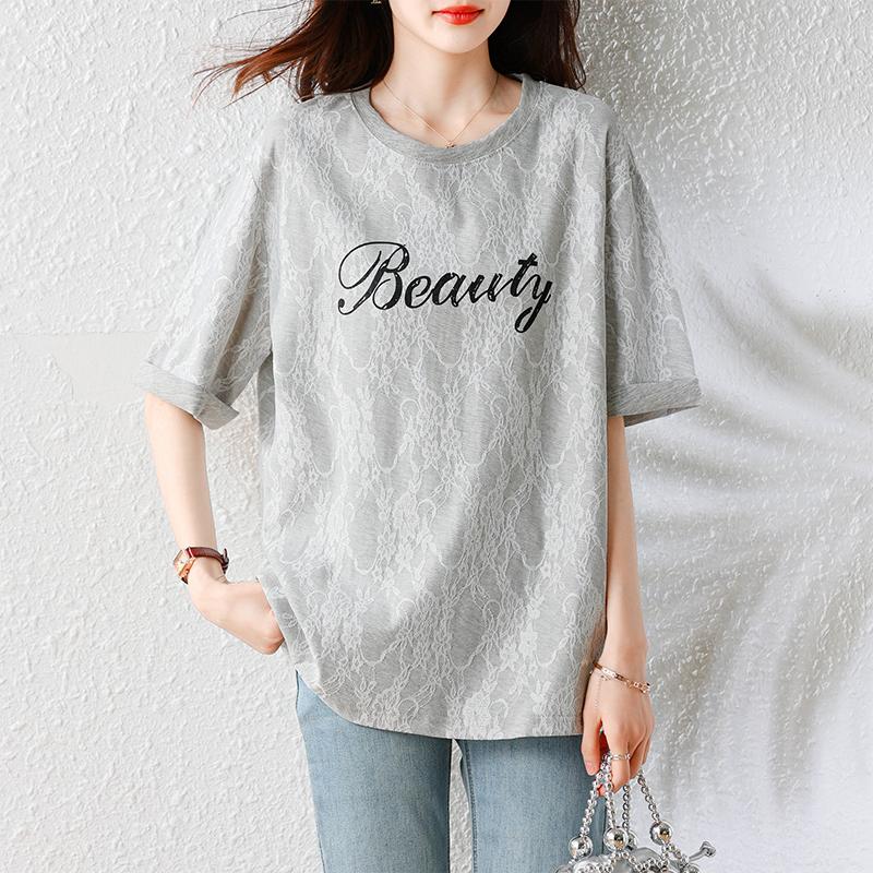 DIMANAF 2025 New Summer Plus Size T-Shirt Fashion Women O-Neck Letter Printing Short Sleeve Solid Loose Lace Tops Tees