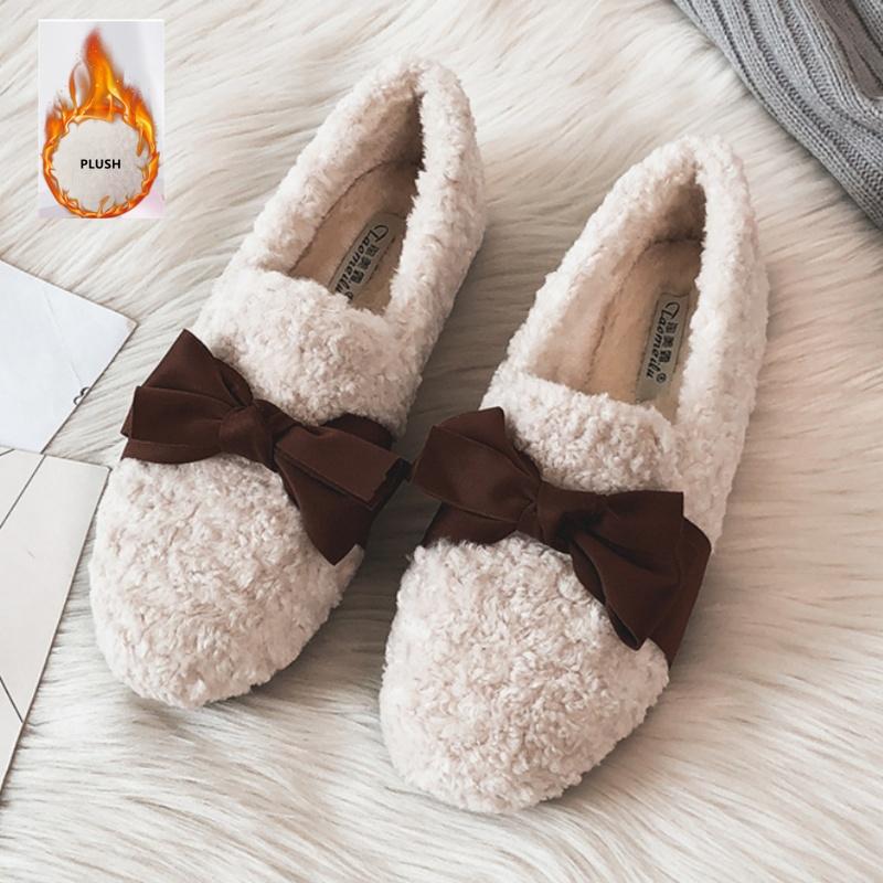 Fashion Korean Style Shallow Mouth Female Shoes 2025 Winter Fur Comfortable Loafers Casual Soft Warm Flat Shoes Bow Slip On Women Shoes