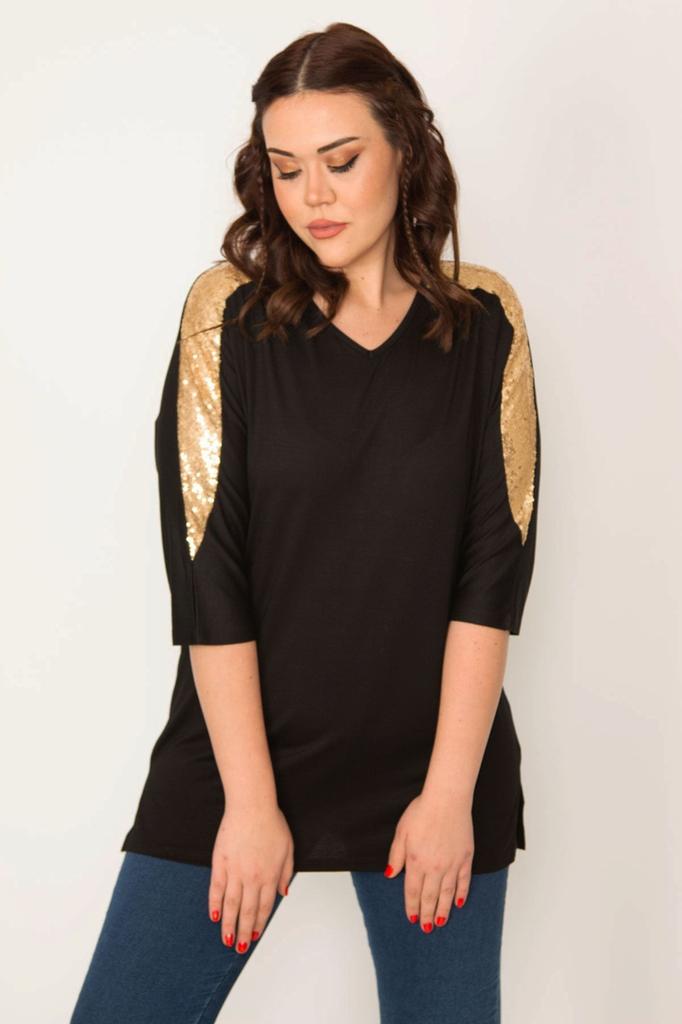 Damska bluzka w dużym rozmiarze Duży rozmiar Srebrna cekinowa szczegółowa bluzka z wiskozy z dekoltem w szpic i rękawami capri