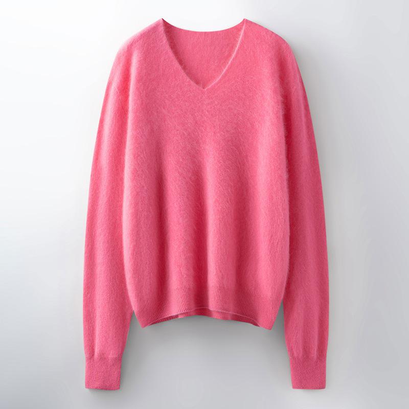 V-Neck Wool Cashmere Loose Brushed Sweater - Solid Color, Versatile, and Skin-Friendly Knitwear