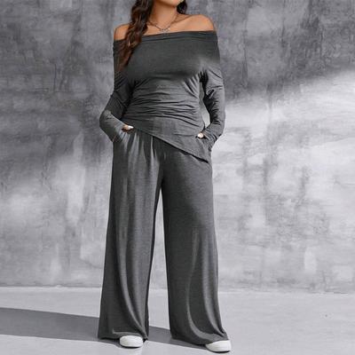 Plus Size Women Two Piece Casual Long Sleeve Top Wide Leg Pants Set