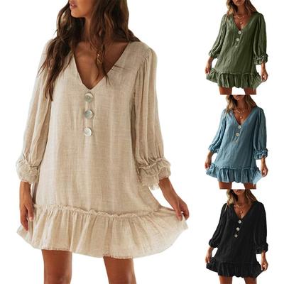 Vestidos Curtos A-line de Cor Sólida com Decote V para Mulheres, Soltos, de Manga Comprida, com Bainha Babada, Vestido de Algodão e Linho