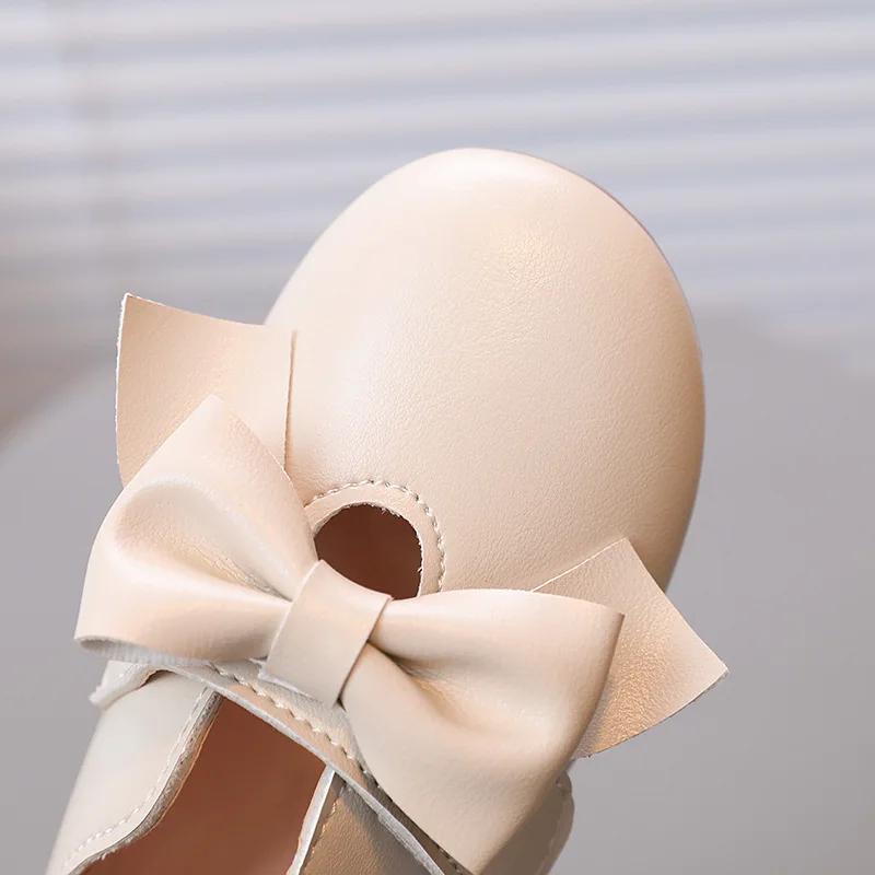 Dziecięce skórzane buty z kokardką, okrągłym noskiem, jednolity kolor, miękkie, dziecięce buty codzienne, słodkie księżniczkowe baleriny, mokasyny