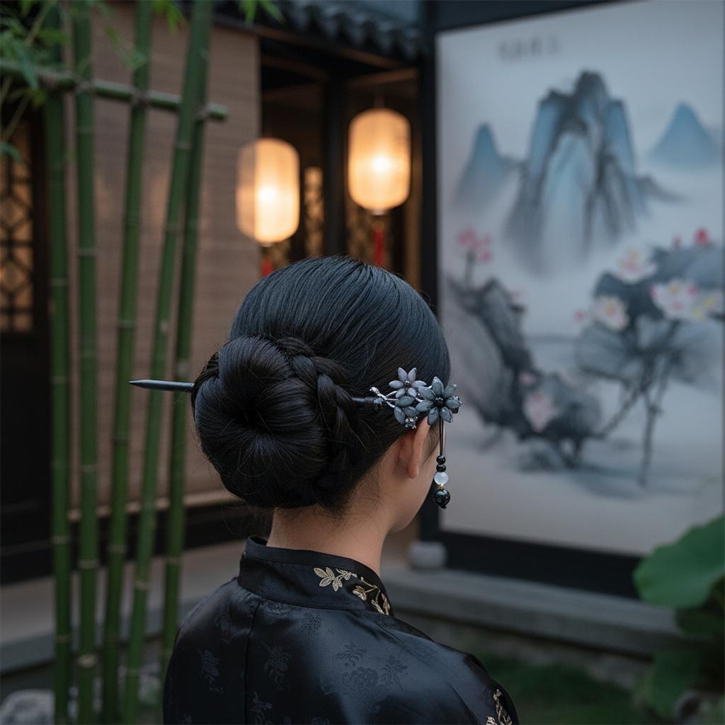 Černá ebenová tyčinka do vlasů Tradiční čínský styl Ručně vyřezávaná dřevěná spona do vlasů s třásní pro ženy Hanfu Svatba Festival