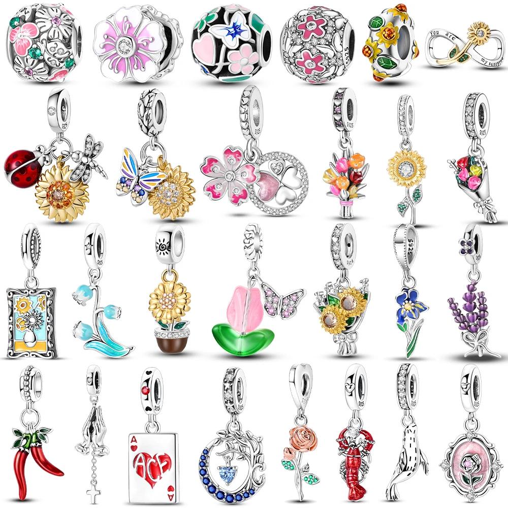 Copper Flower Charms Sunflower Tulip Pendants Fit Original Pan Bracelet Making Jewelry Baeds