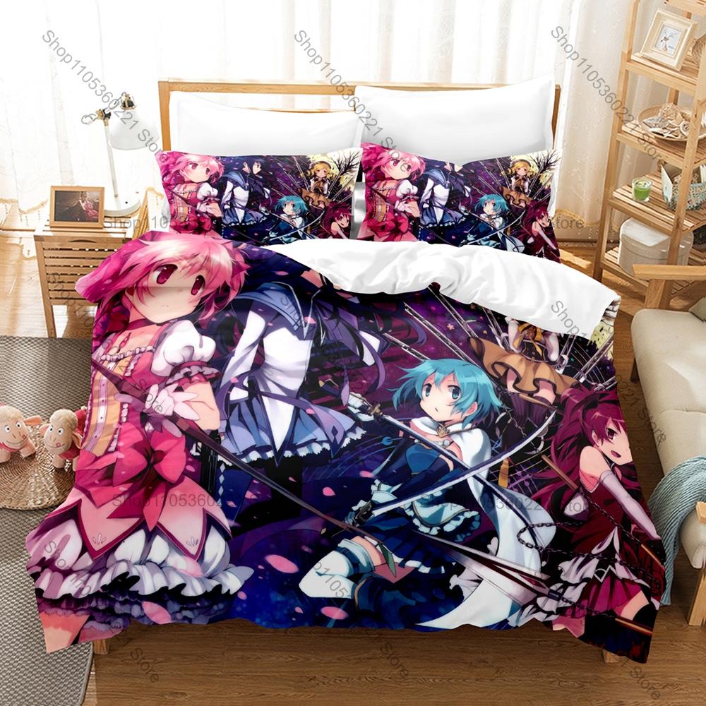 Puella Magi Madoka Magica Duvet Cover + 2 Pillowcases, Magical Girl Anime Print Bedding Set Soft Fabric for Fans Decor & Gifts