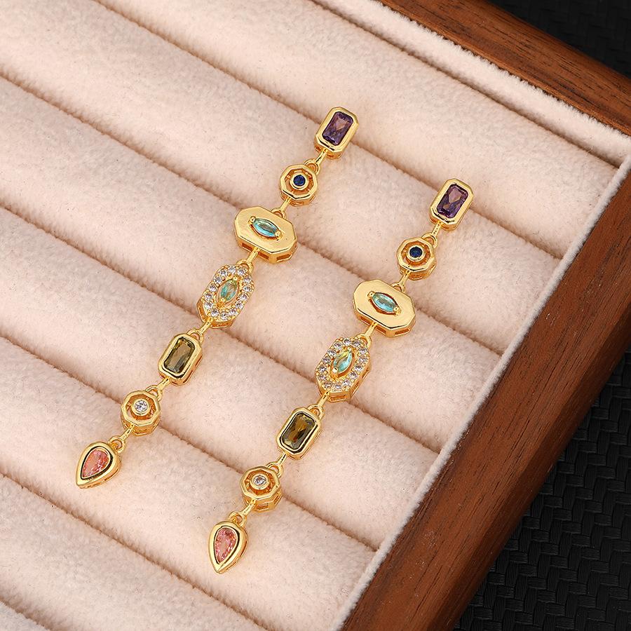Luxury 18K Gold Plated Copper Zircon Geometric Bohemian Party Tassel Pendant Drop Earrings for Women