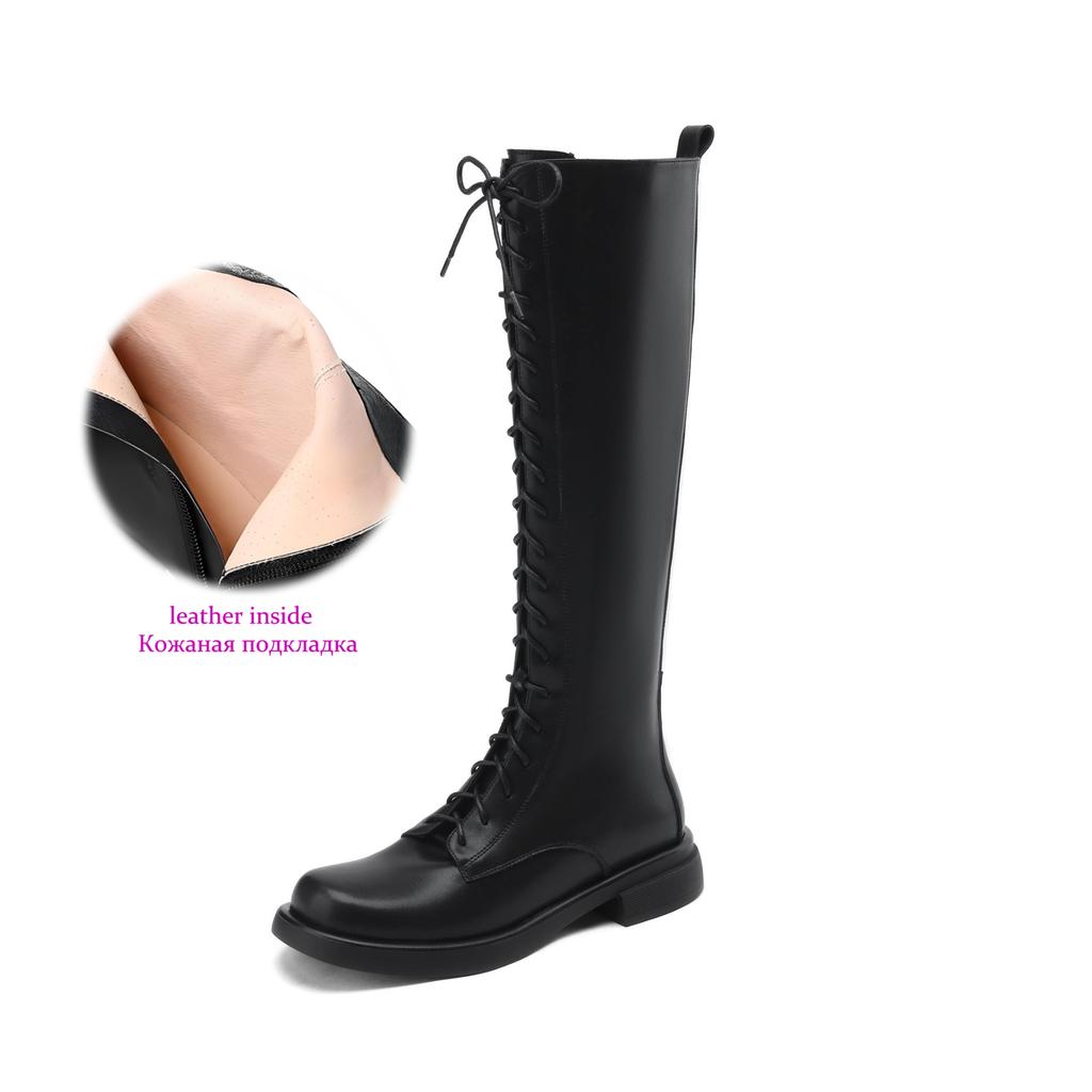 Krazing Pot Cow Split Skin Autumn Winter Shoes Concise Thick Heels Size 41 Thigh High Boots Keep Warm Round Toe Slip On Retro Knee Boots