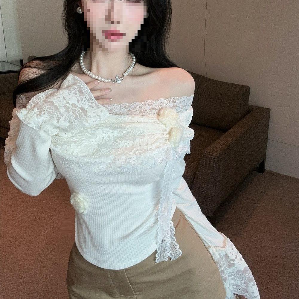 Korean Style One-Shoulder Lace Flower Long Sleeve Slimming Top
