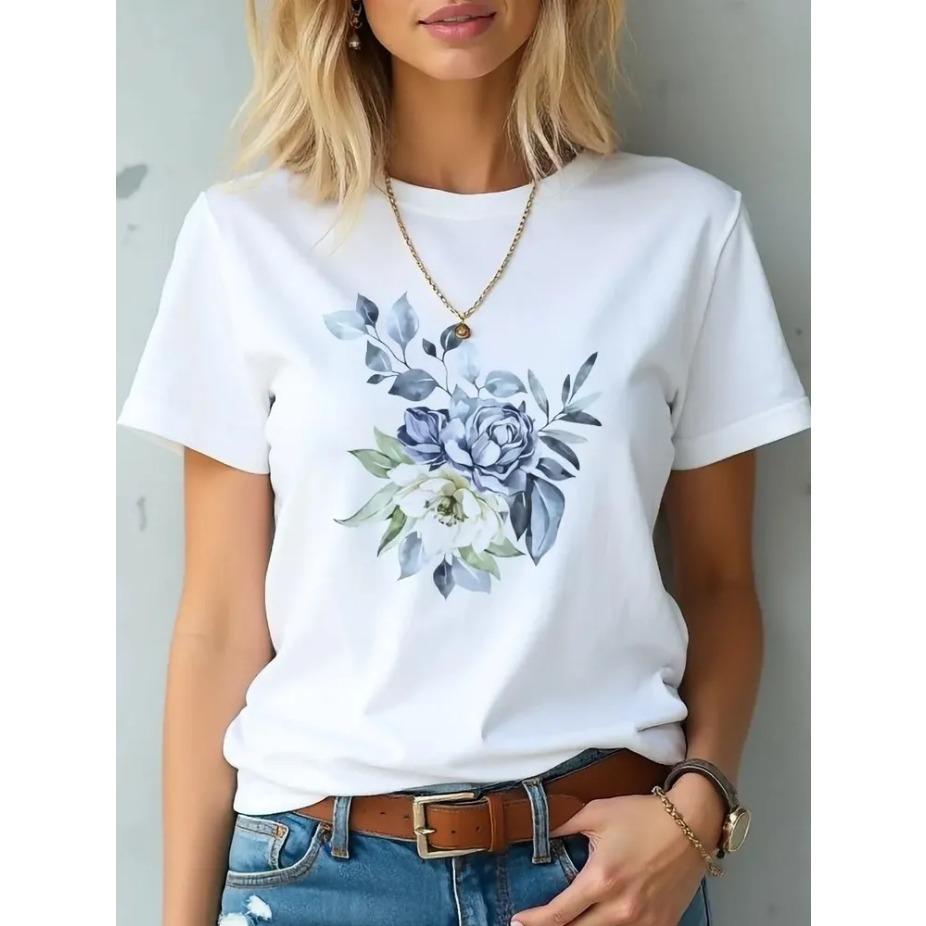Women Cartoon Printed Short Sleeve O Neck T Shirt Cotton Summer Tees