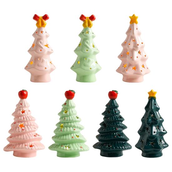 Lighted Ceramic Christmas Tree Small Xmas Tree Figurine with Fruit Tree Topper Holiday Tabletop Centerpiece for Home Mantel Shelf Fireplace Decor