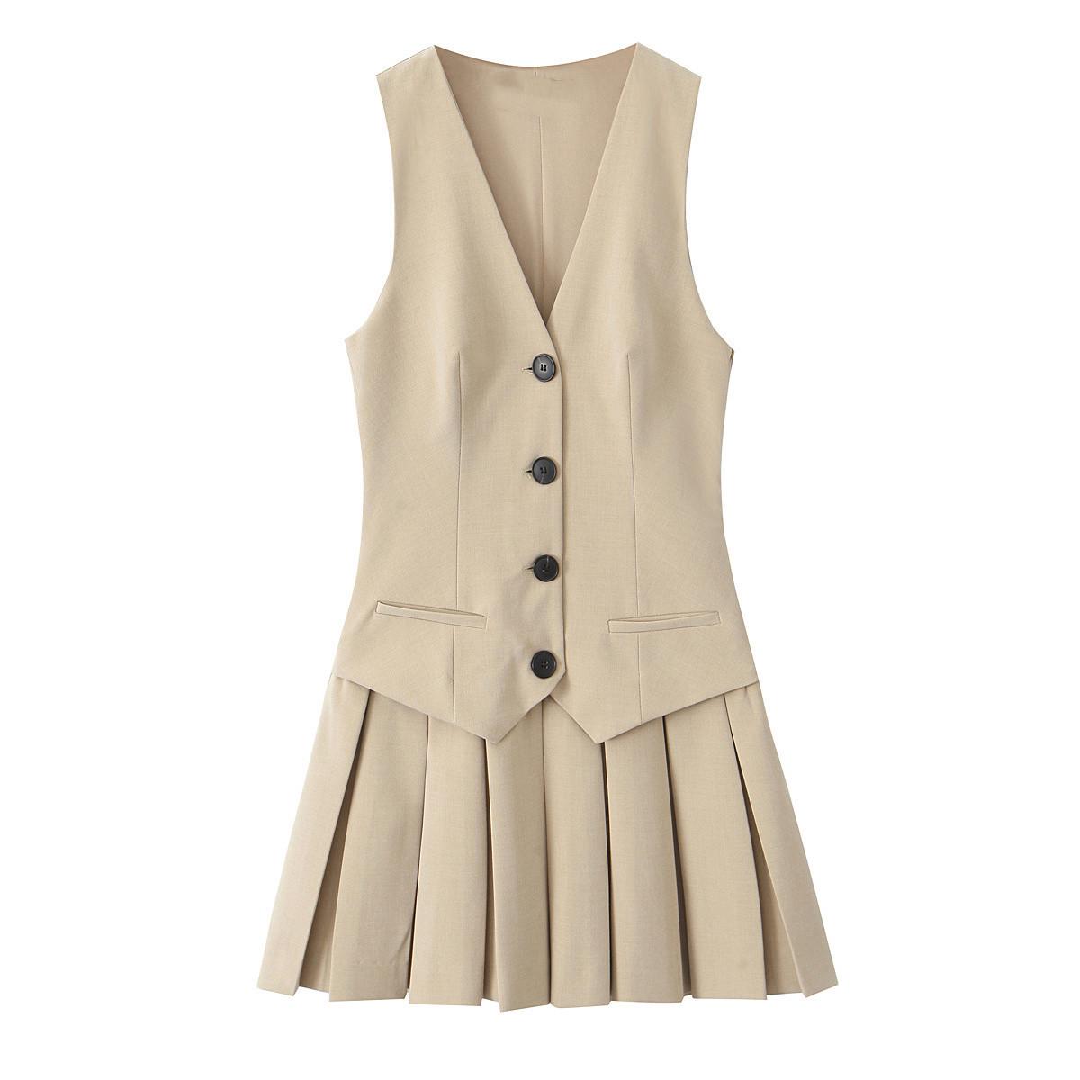 

2025 Spring Women s Slim Pleated V-Neck Sleeveless Commuter Dress Medium хаки