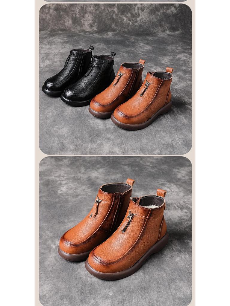 Zimowe damskie skórzane botki Martin na średnim obcasie z wełnianą podszewką - ciepłe buty dla mamy na masywnym obcasie