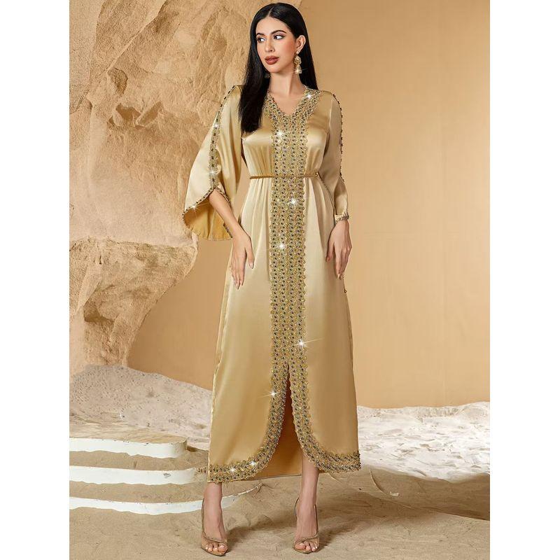 

New Middle East Dubai Patchwork Lace Handmade Beads Robe Dress Handmade Beaded Dress Champagne XL