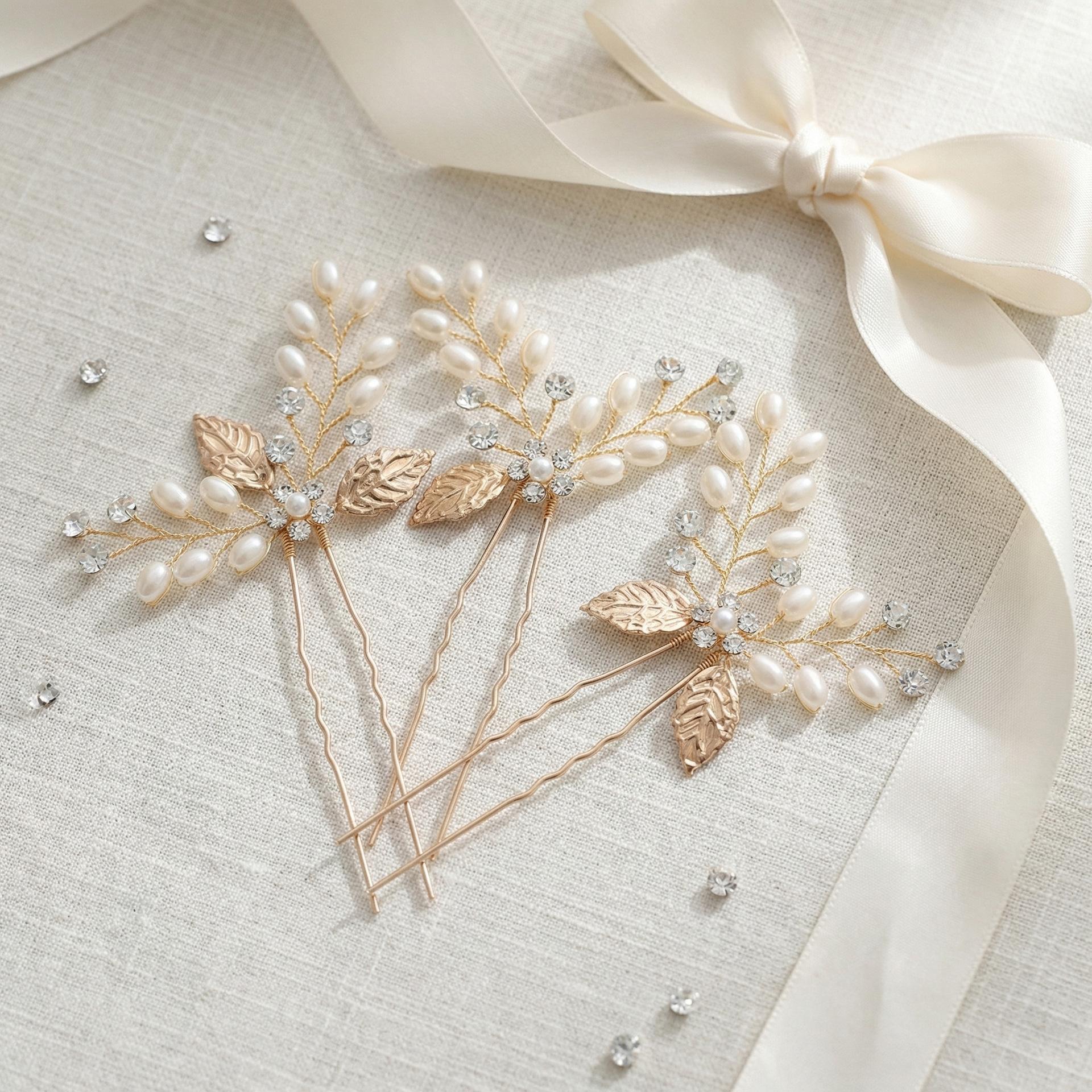 Handmade Rhinestone Pearl Leaf U Shape Hair Pin Bride Wedding Updo Hair Fork Elegant Bridal Hair Accessories For Salon Styling
