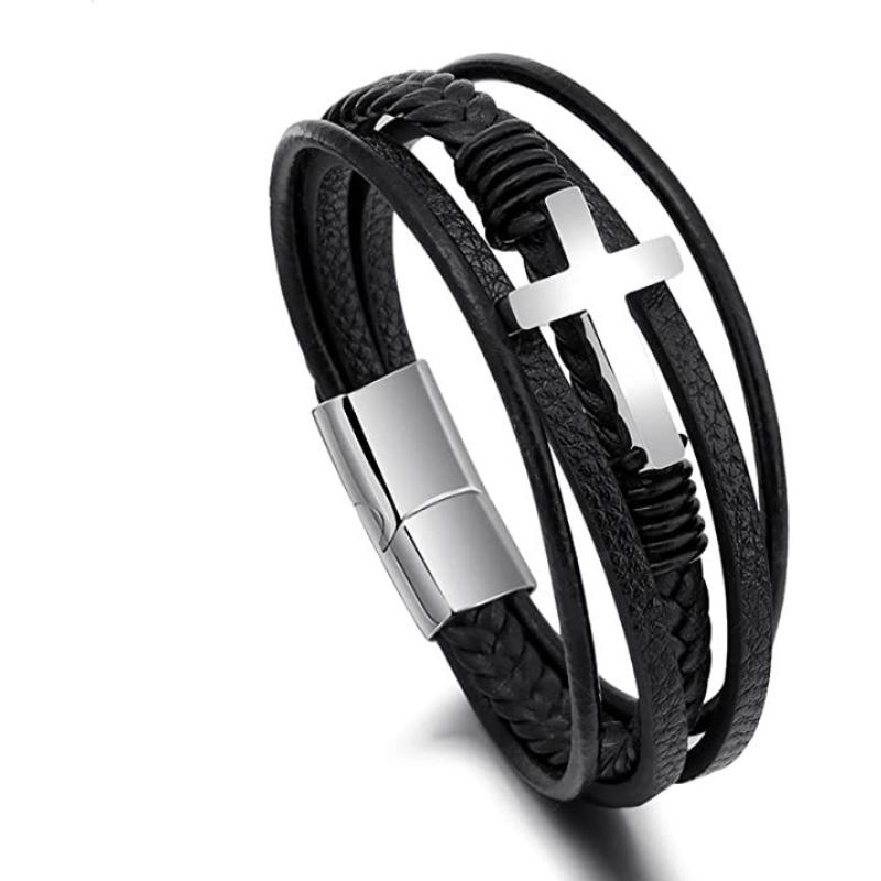 Bracelet Bohemian Multi-layered Cross Love with Diamonds Open Leather Bracelet
