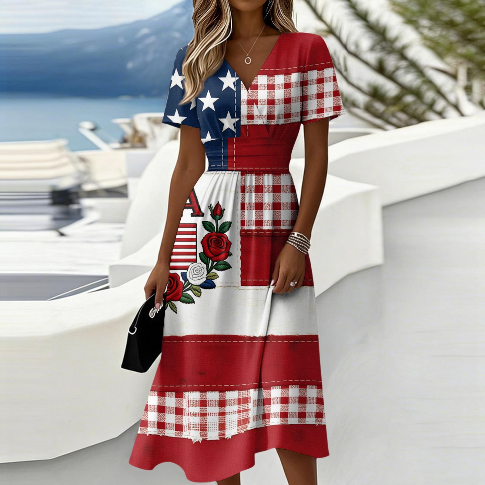 

Women’s Short Sleeve V Neck Midi Dress with Plaid and Striped Print High Waist Casual Loose Fit Summer Dress XXXL винний