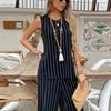 2 Piece Elegant Stripe Women's Vest Pant Suit O-neck Sleeveless Vest High Waist Wide Leg Pants
