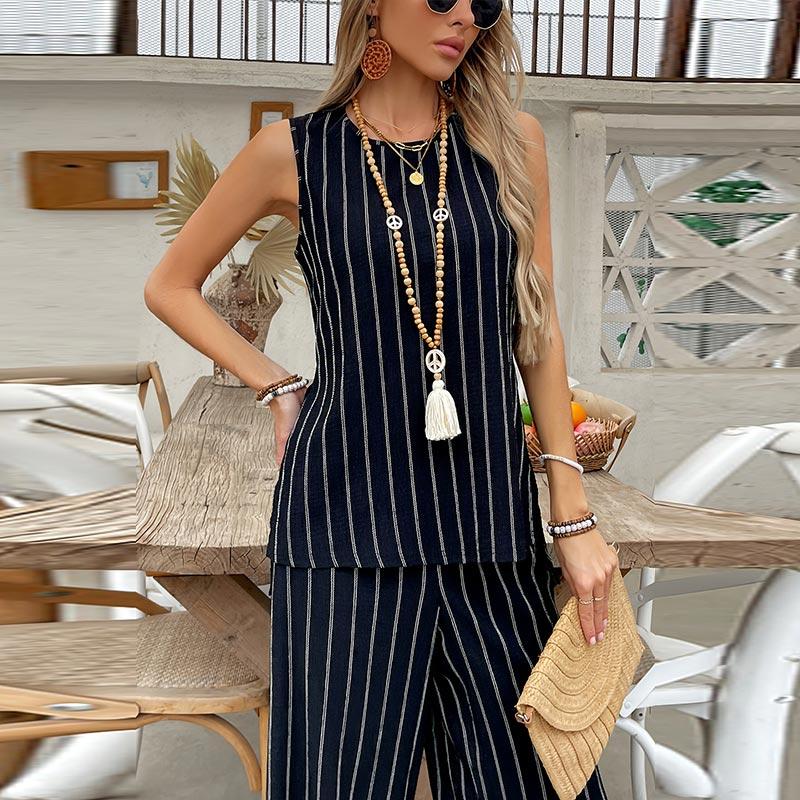 2 Piece Elegant Stripe Women's Vest Pant Suit O-neck Sleeveless Vest High Waist Wide Leg Pants