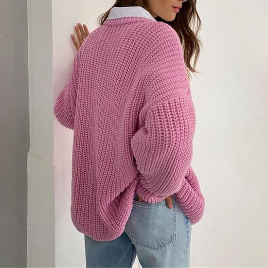 Women Pullover Sweater Round Neck Long Sleeve Elastic Fabric Knitting Tops Solid Color Loose Fit Sweater Tops
