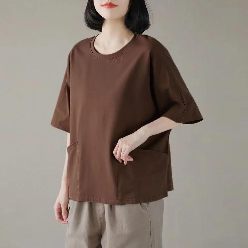 

Иностранный карманный дизайн чувственный универсальный топ с коротким рукавом лето новый круглый вырез женская одежда 3XL кофейный