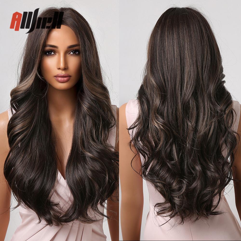 Long Wavy Black Ombre Brown Wigs With Bangs Synthetic Natural Wave Wig for Black Women Heat Resistant Fake Hair Cosplay Wig