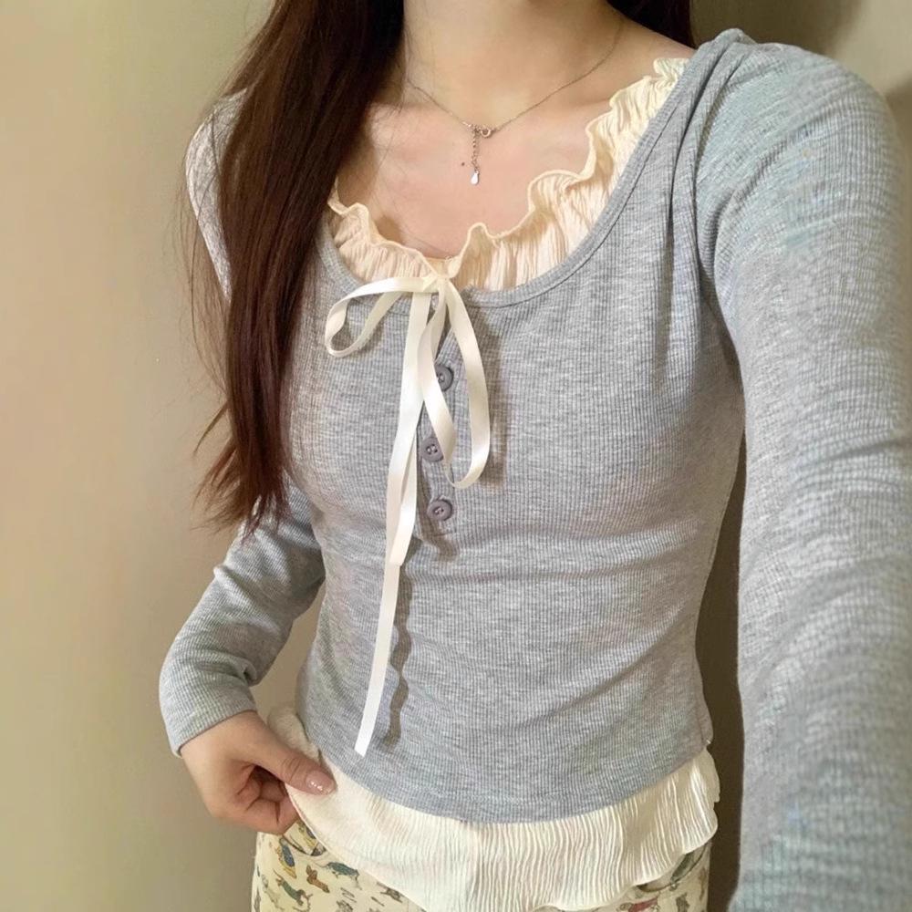 Women's Stylish White Slim Fit Long Sleeve Faux Two-Piece Top for Early Autumn