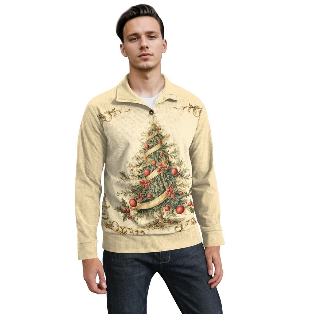 Men's Christmas Cotton Pullover Long Sleeve Outdoor Shirt Vintage Corduroy Button Stand Collar Shirt Casual Sweatshirt Christmas Print Top