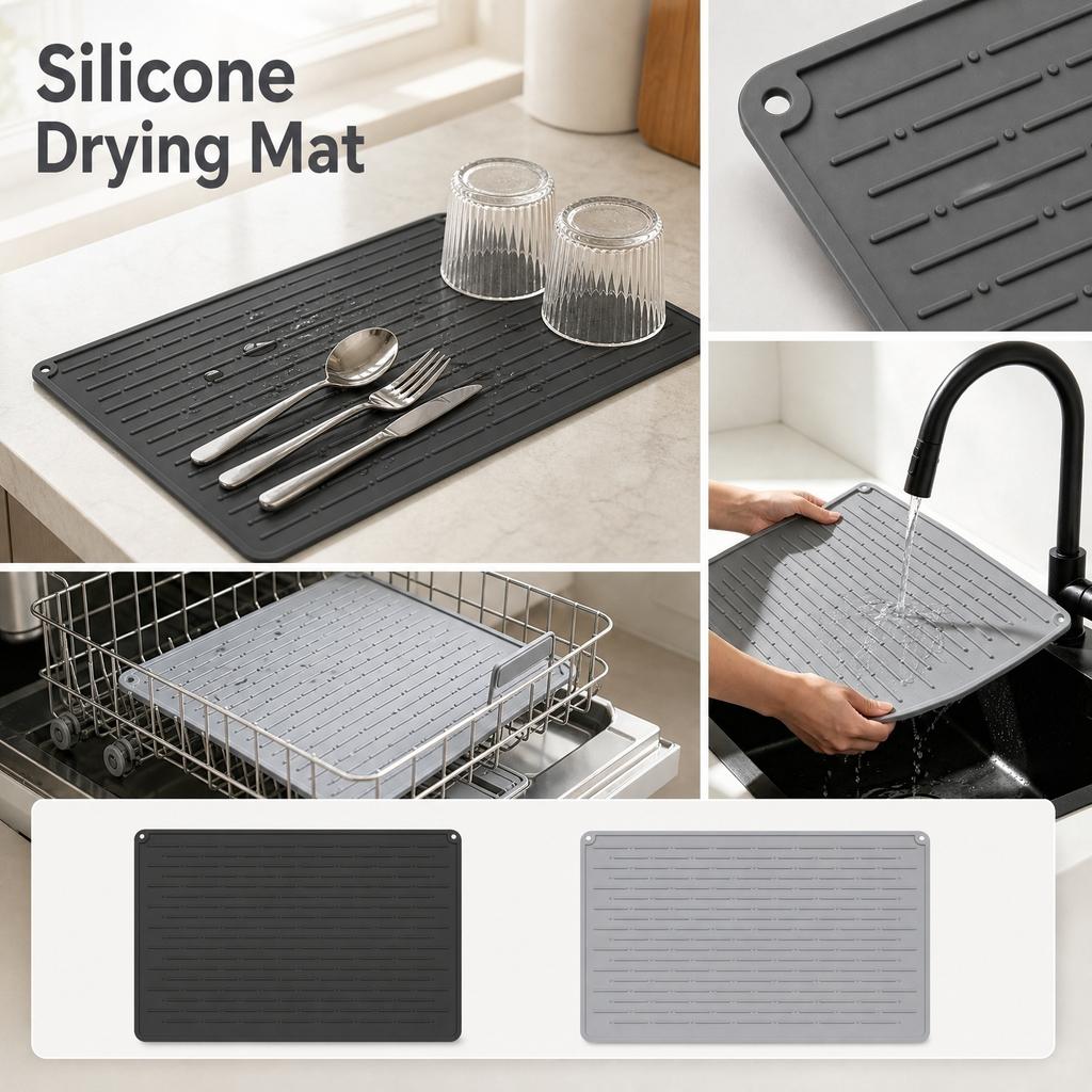Silicone Non Slip Draining Mat for Kitchen Sink Countertop Drying Pad Flexible Heat Resistant Design