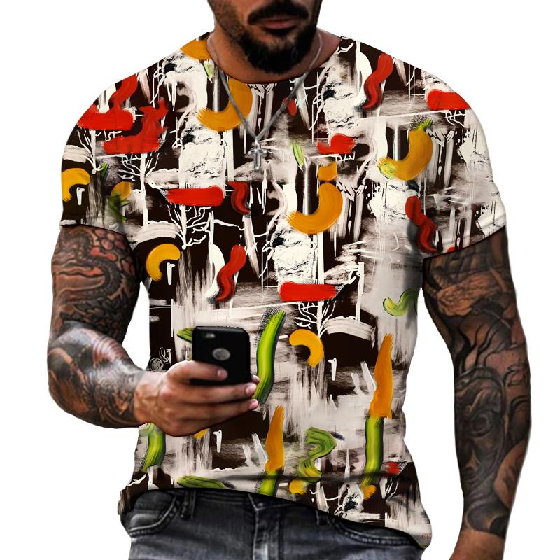 New Design Men's T-shirt Iron Chain Black and White Colorful Painting Style Short Sleeve T-shirt High Quality Fat