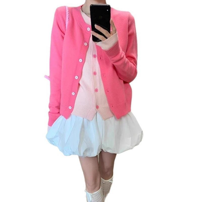 Spring and Autumn New Contrasting Color Splicing Sweater Jacket Women's Loose Sweet Fake Two-piece Knitted Cardigan Top