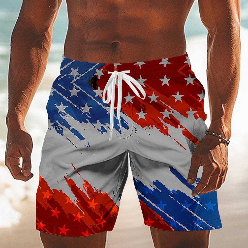 Bañador Patriótico de Diseñador para Hombre, Estampado de Bandera de EE. UU., Board Shorts de Cintura Media con Cordón para Primavera y Verano