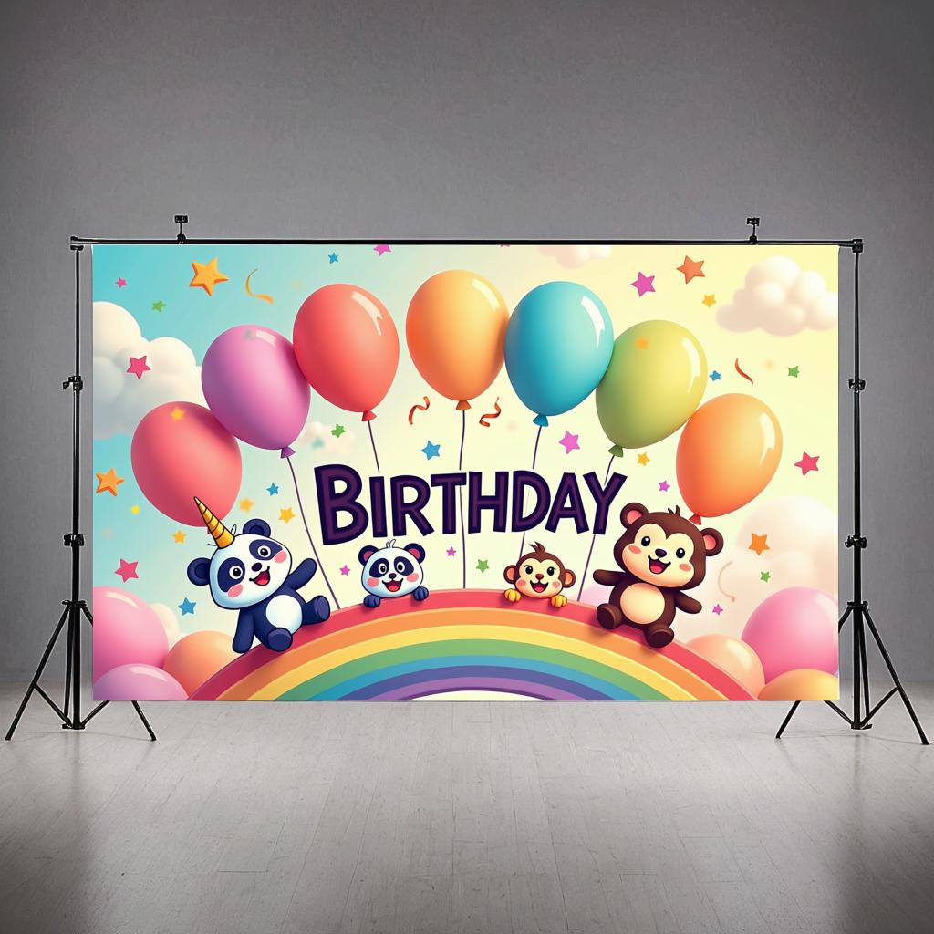 Multicolored Event Backdrop Whimsical Colorful Animal Design Celebration Banner Festive Photo Background for Child's Birthday