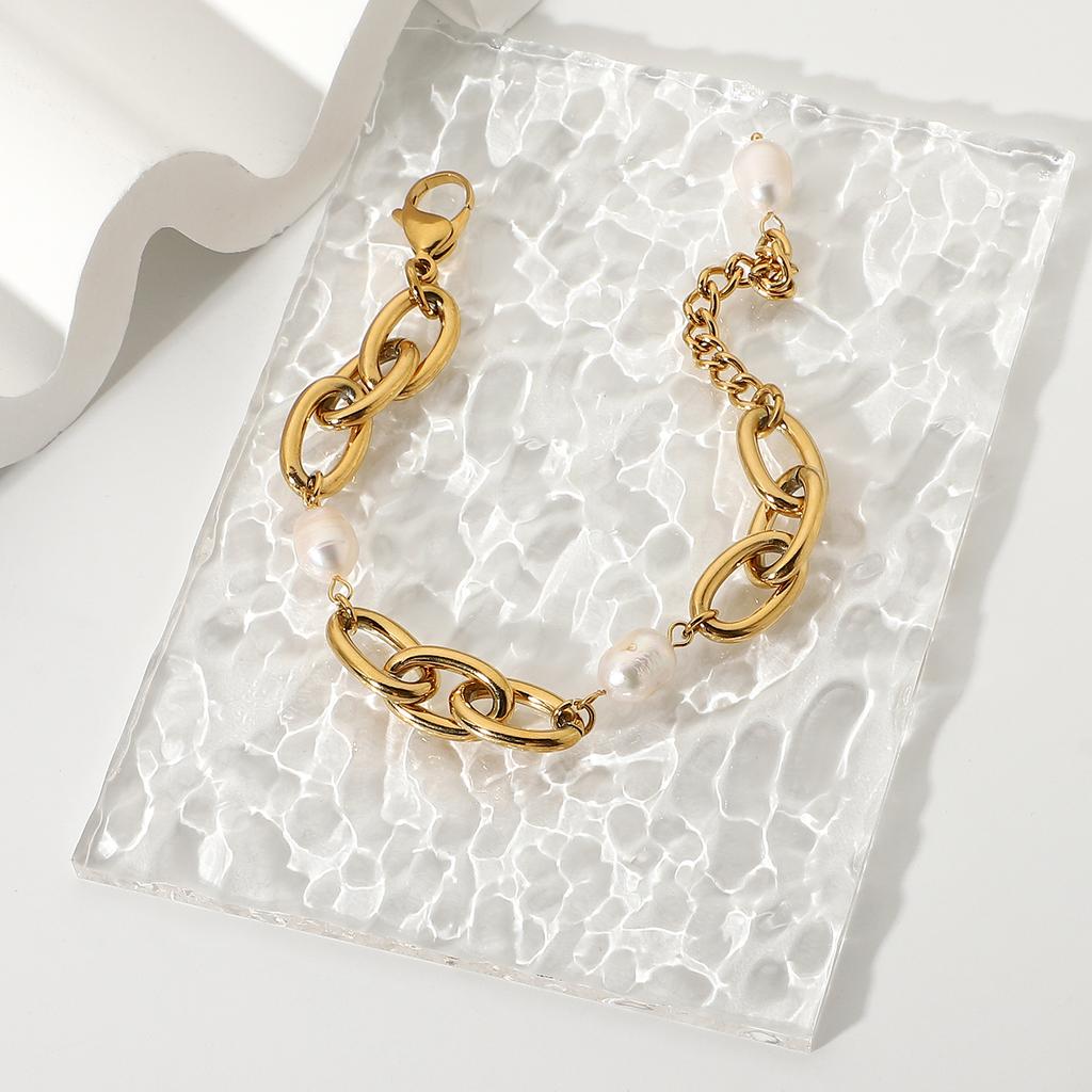 High Quality 18K Gold Plated O-Shaped Adjustable Lager Link Chain Stainless Steel Pearl Bracelet Jewelry Femme