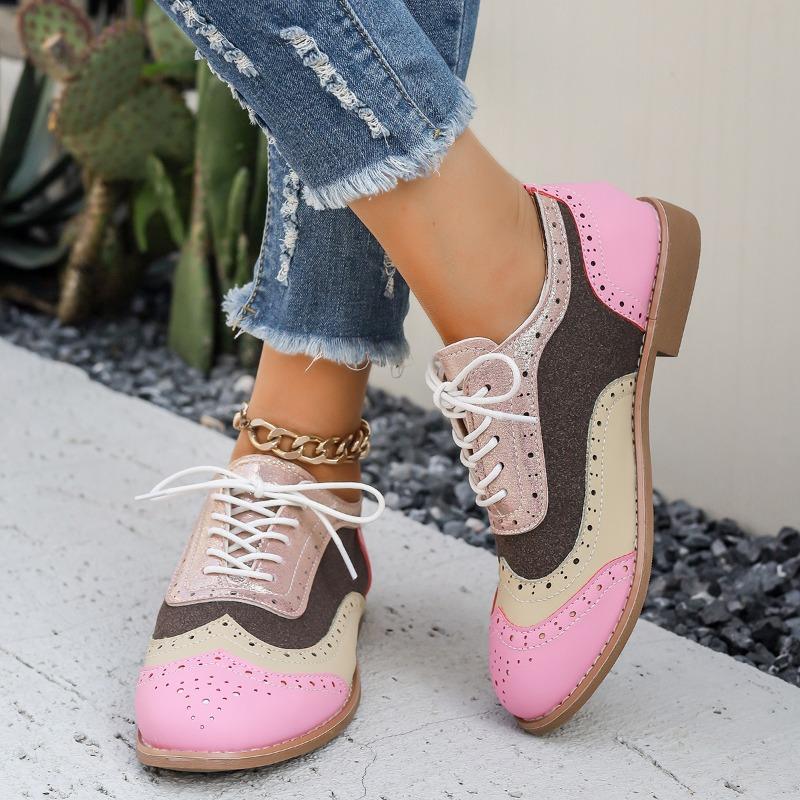 Spring and autumn burning flower block single shoes women's color matching lace-up round head single shoes women