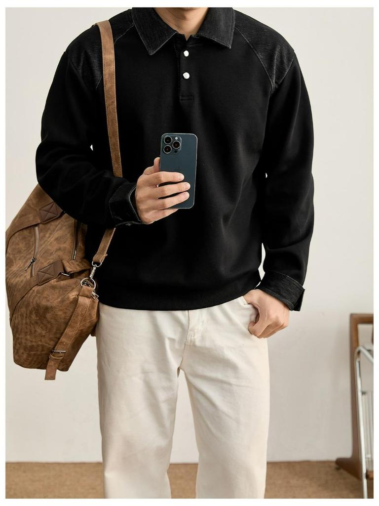 Men's Loose-Fit Lapel Patchwork Hoodie Polo Shirt - Edgy Autumn Long-Sleeve Top