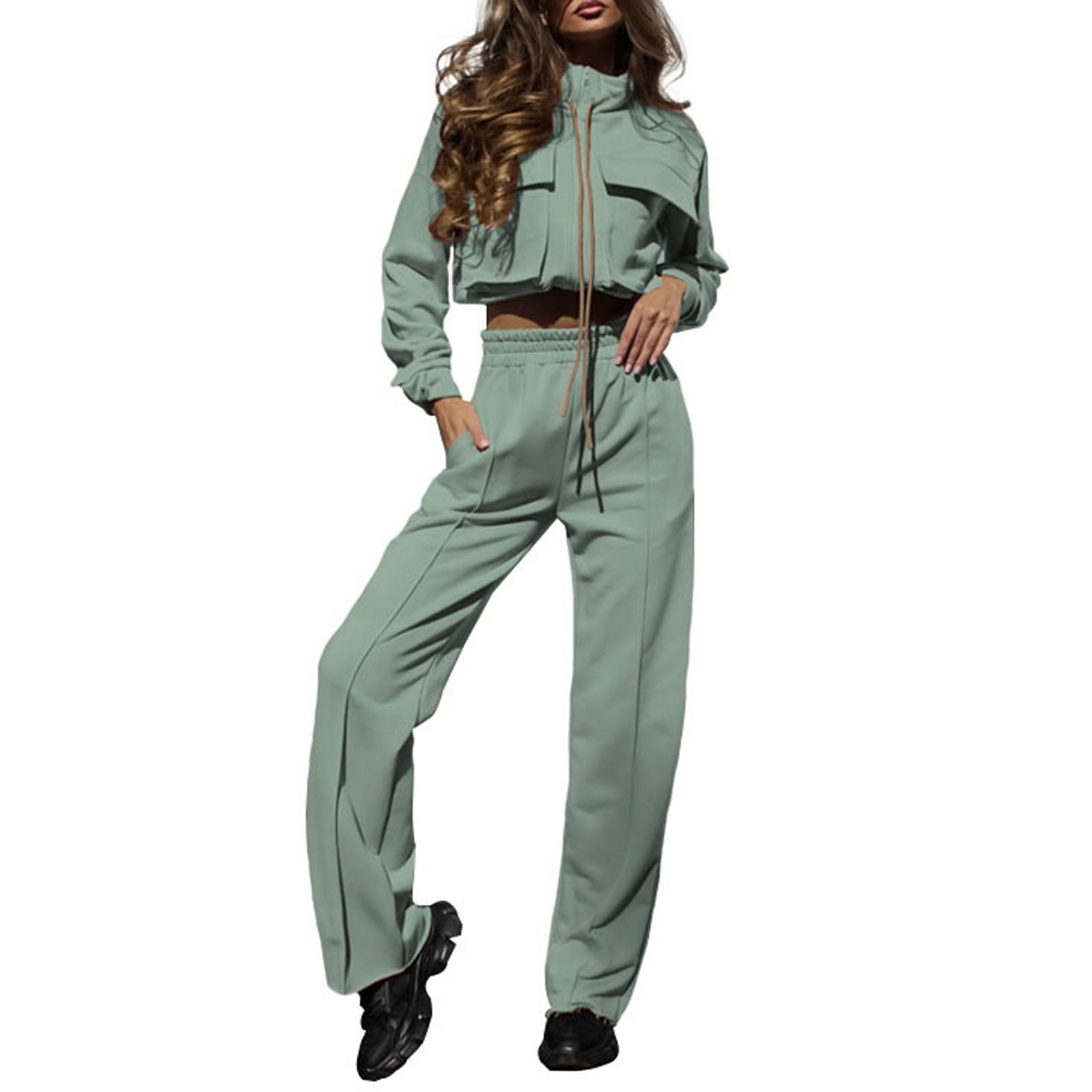 

Женская мода, повседневный спортивный однотонный топ на молнии с двойной сумкой и длинными рукавами на шнуровке, брючный костюм S зелёный